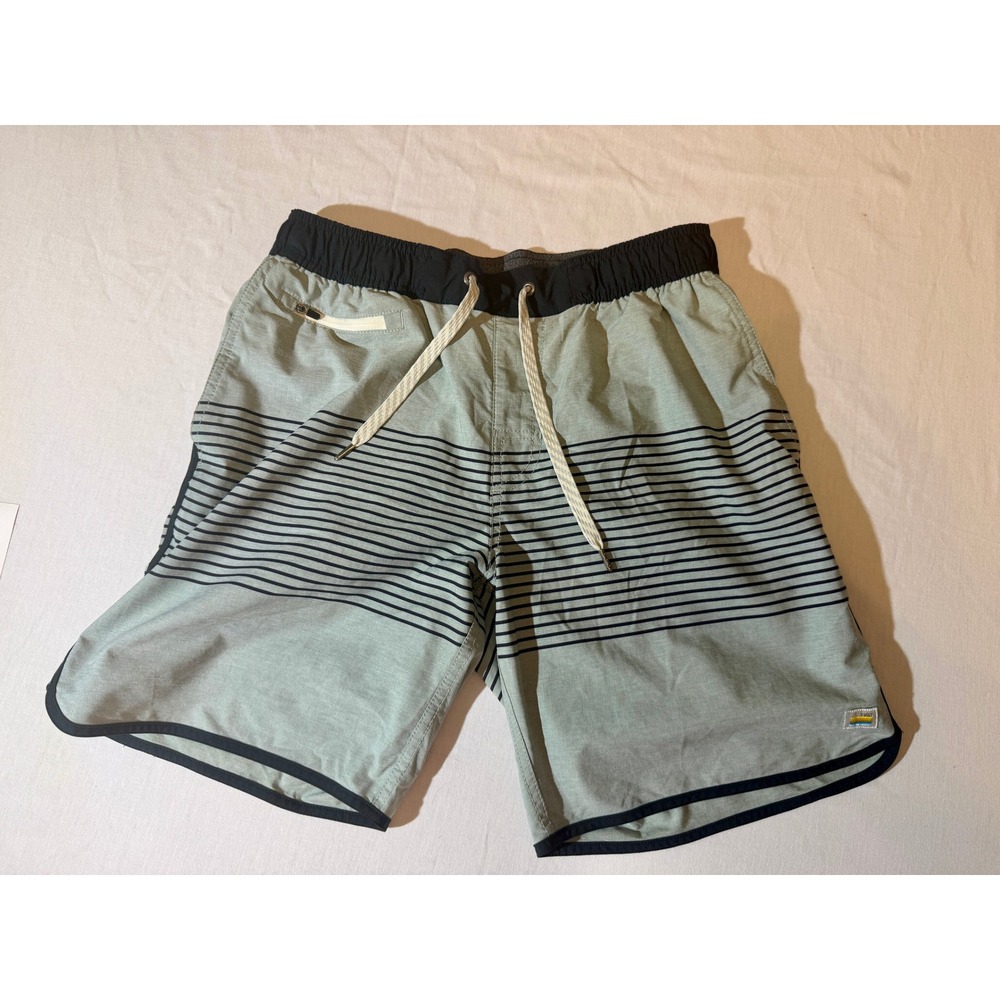 Vuori Mens Board Shorts Sage Green Black Striped Performance‎ Swim Trunks Size S